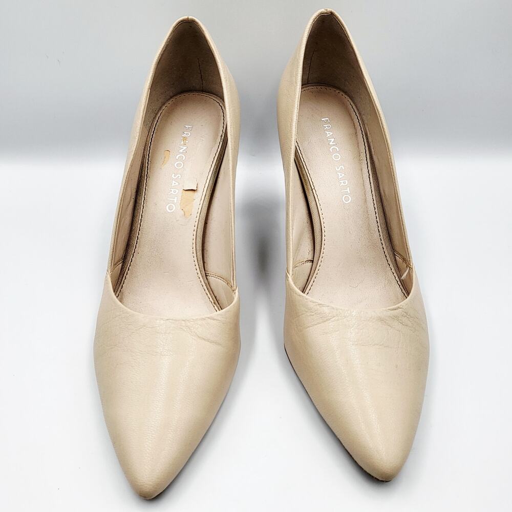 Franco Sarto Amara Cream Leather Pointed Toe Stacked Heel Pumps Women's Size 8